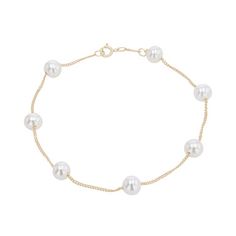 Beautifully delicate, this tin cup style bracelet features freshwater pearls set in 14 karat gold. Elegant White Chain Bracelet With Pearl Drop, Classic White Chain Bracelet With Pearl Drop, Classic White Pearl Chain Bracelet, Formal Pearl Charm Chain Bracelet, Formal Adjustable Pearl Chain Bracelet, White Akoya Pearl Chain Bracelet, Akoya Pearl Bracelet With White Gold Pearl Chain, White Gold Akoya Pearl Bracelet With Pearl Chain, White Gold Akoya Pearl Chain Bracelet