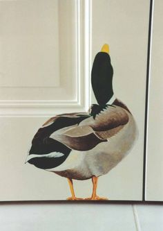 a painting of a duck standing on its hind legs in front of a white door