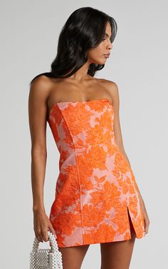 Brailey Mini Dress - Strapless Dress in Orange Jacquard | Showpo USA Semi Mini Dresses, Brailey Strapless Mini Dress, Orange Strapless Hoco Dress, Hoco Dresses 2023 Strapless, Cute Orange Hoco Dresses, A Line Hoco Dresses Short, Classy Hoco Dresses Short, Orange And Pink Hoco Dress, Bright Orange Hoco Dress