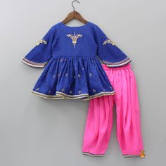 Stylish Sleeves Embroidered Blue Peplum Kurti And Fluorescent Pink Ple Festive Peplum Sets With Ruffles, Traditional Blue Sets With Embroidered Sleeves, Cotton Anarkali Sets With Embroidered Sleeves, Anarkali Set With Embroidered Sleeves For Festivals, Festive Long Sleeve Sharara With Embroidered Sleeves, Embroidered Peplum Dresses For Festivals, Embellished Peplum Sets For Eid, Festive Blue Ruffled Sets, Anarkali Set With Embroidered Sleeves For Party