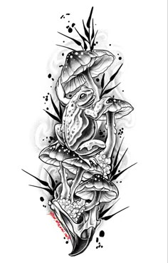 a black and white tattoo design with mushrooms