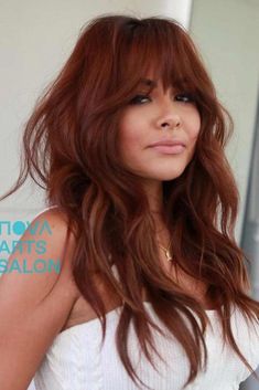 Wella 6r Terracotta, Best Red Box Hair Dye, Dark To Red Ombre Hair, Cowboy Copper With Bangs, Medium Copper Brown Hair Color, Trending Hair Color 2023 Women, Different Color Hair Ideas, Plus Size Bangs Hair, Auburn Hair With Bangs