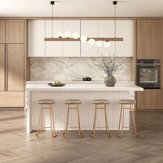 a kitchen with marble counter tops and wooden stools next to an island in the middle