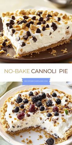 no - bake cannoli pie with chocolate chips and cherries on top