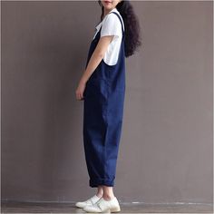 Details: Material: cotton-linen Style: Preppy style Season: spring, summer Color: Dark blue Size: One Size Length: 87.00 cm/ 34.25 " Bust: 102.00 cm/ 40.16 " Waist: 110.00 cm/ 43.31 " Hip: 118.00 cm/ 46.46 " Thigh: 71.00 cm/ 27.95 " Preppy Style Casual, Women Overalls, Cotton Overalls, Overalls For Women, Rompers Womens Jumpsuit, Summer Retro, Wide Trousers, Cotton Jumpsuit, Linen Jumpsuit