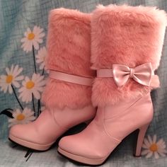 Never Worn/ Small Nick On Right Toe Pink High Ankle Mid-calf Winter Boots, Cute Spring Platform Boots, Winter Pink Mid-calf High Ankle Boots, Pink Round Toe Heeled Boots For Winter, Cute High Heel Spring Boots, Cute High Heel Boots For Spring, Spring Cute High Heel Boots, Pink High Heel Mid-calf Boots For Winter, Casual Pink Mid-calf Boots With Round Toe