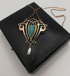 "Please check my own website at www.elegantium.co.uk for my best prices :-) A fabulously designed Jugendstil / Art Nouveau pendant necklace c1900 made in Pforzheim, Germany, which was imported into London in 1904. The UK import stamps are clear to see, as is the importer's mark in a triangle \"MS\" for Max Stollsteimer. He was a German based in England,  who operated very much like the Murrle Bennett company, including importing beautiful Jugendstil designs into the UK from Pforzheim. His pieces Art Deco Pearl Pendant Jewelry, Gold Art Deco Necklace With Pearl Pendant, Heirloom Turquoise Necklace As Gift, Heirloom Turquoise Necklace For Gift, Art Deco Pearl Pendant Jewelry For Gift, Art Deco Pearl Pendant Necklace As Gift, Art Deco Ornaments, Art Nouveau Jewelry Necklace, Art Nouveau Clothing