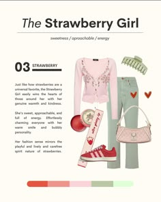 the strawberry girl is wearing pink and green pants, sweaters, and handbag