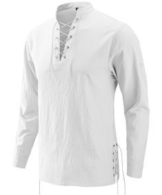 PRICES MAY VARY. Material:This shirt is made of breathable cotton fabric, which is soft, lightweight, and breathable, and can keep the body and muscles cool and dry Feature:Men's cotton retro style lace up shirts featuring long sleeve&rolled sleeve, henley collar, unique medieval vintage, drawstring hemline Occasion:Suitable for daily wear, casual wear, dating, role playing, Halloween, Christmas, parties, events, performances, etc Match:These long sleeve henley linen shirt can be wear with linen