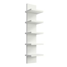 a white book shelf with five shelves on each side and one in the middle, against a white background