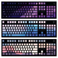 three different color keyboards with mountains in the background and one is blue, purple, and pink