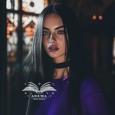 a woman with long hair wearing a choker and posing for a photo in front of a window