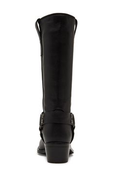 Harness hardware brings plenty of classic moto style to a smooth leather boot complete with a squared-off toe. 2" heel 11" shaft; 13" calf circumference. Narrow calf Pull-on style Leather upper/synthetic and textile lining/synthetic sole Imported Western Moto Boots With Square Toe In Calf Leather, Western Leather Knee-high Boots Medium Width, Western Leather Knee-high Boots With Stacked Heel, Wide Calf Snip Toe Moto Boots For Fall, Wide Calf Moto Boots With Snip Toe For Fall, Black Western Knee-high Boots With Square Toe, Leather Wide Calf Mid-calf Moto Boots, Leather Wide Calf Moto Boots Mid-calf, Wide Calf Leather Moto Boots