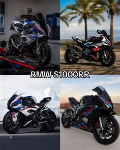 four different motorcycles are shown side by side with the words bmw s1000r on them