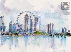 a watercolor painting of a ferris wheel in the middle of a cityscape