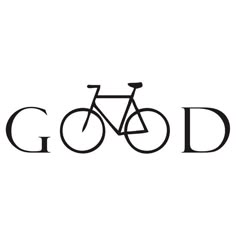 the word god is written in black on a white background with a bicycle leaning against it