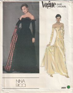 "Vogue Paris Original 2604; ca. 1980; Nina Ricci - Dress & Stole: Fitted and flared, lined dress has side panels (no side seams), front bodice pleats, attached sleeves at underarm and optional purchased ruffle. Single layer stole has purchased ruffle trim. Featured on the cover of Vogue Patterns, November/December 1980 and in Vogue Patterns Counter Catalog, March 1983 Misses Size 14 Bust: 36\" Waist: 28\" Hip: 38\" Pattern is uncut, factory folded with instructions Envelope is in good condition Nina Ricci Dress, Dress Stole, Vogue Sewing, Bridesmaid Dresses Prom, Vogue Patterns, Clothes Sewing Patterns, Sewing Pattern Sizes, Vintage Vogue, Sewing Pattern Design