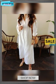 3/4 Sleeve Cotton-blend Solid Casual Dress Shift Midi Dress With Long Sleeves For Day Out, White Half Sleeve Shirt Dress For Spring, White 3/4 Sleeve Shirt Dress For Summer, White Summer Shirt Dress With 3/4 Sleeves, Long Sleeve Shift Maxi Dress For Daywear, White Shirt Dress With 3/4 Sleeves For Summer, Spring Knee-length Shift Shirt Dress, Long Sleeve Summer Shirt Dress For Office, Long Sleeve Shirt Dress For Summer Office