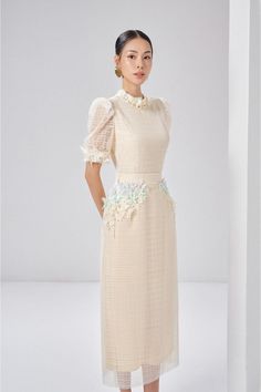 Alaina Straight Short Sleeved Mesh Lace Midi Dress | MEAN BLVD Elegant Beige Knee-length Lace Dress, Beige Short Sleeve Party Dress, Feminine Short Sleeve Lace Dress For Garden Party, Elegant Summer Evening Dress With Sheer Sleeves, Feminine Beige Lace Dress For Garden Party, Elegant Summer Midi Dress With Sheer Sleeves, Cream Short Sleeve Party Dress, Elegant Lace Tea-length Midi Dress, Elegant Spring Evening Dress With Lace Trim