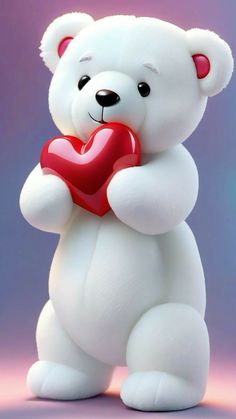 a white teddy bear holding a red heart