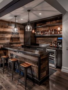 a bar with stools in front of it