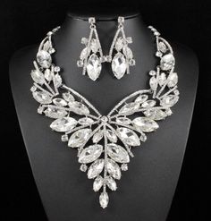 Sensational Austrian Rhinestone Crystal Bib Necklace Earrings Set Silve Lg N887S Diamond White Jewelry Set With Rhinestones For Gift, Crystal Rhinestone Jewelry Sets For Gifts, Jeweled Crystal Jewelry Sets As Gift, Jeweled Crystal Jewelry Sets For Gifts, Crystal Jewelry Sets As Gift, Crystal Rhinestone Dangle Necklace As Gift, Gift Crystal Rhinestone Dangle Necklace, Gift Crystal Rhinestone Necklace With Dangle, Gift Rhinestone Crystal Necklace