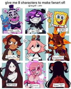 cartoon characters with different expressions on their faces and the words give me 8 characters to make fan