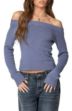 Show off your shoulders in this lightweight, sweater-knit top made with a figure-hugging fit and a slightly cropped length. Off-the-shoulder neck Long sleeves 100% acrylic Machine wash, dry flat Imported Off Shoulder Knit Top, Blue Off Shoulder Top, Off Shoulder Design, Long Sleeve Knit Top, Off The Shoulder Long Sleeve, Long Sleeve Knit Tops, Off Shoulder Tops, Shoulder Design, Styling Ideas