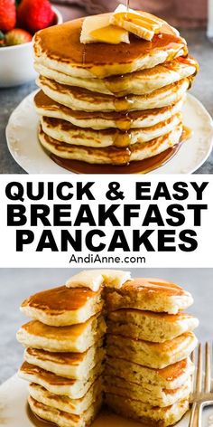 pancakes stacked on top of each other with butter and syrup