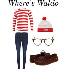 a red and white striped shirt, blue jeans, brown shoes and a beanie