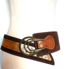 Nwot Excellent A Rare And Stunning Find! Details: Belt: 39"-Length Mid-Back 5" Blended Brown Elasticized Material Allowing For Stretch See Photo Belt: 3-3/4"- Widest Front Of The Actual Suede Belt 1-1/2- Narrow Slanted Cut At Belt End Buckle: Buckle-4"- Length Buckle 3-1/2"-Wide One Of A Kind Stunner! Description: A Super-Stunning Belt By Chicos Is A Mixture Of Suedes, Leather, Lightweight Aged Highlights Of A Patina Aging Showing The Aged Greens. Gorgeous Stitching & Foil Painting. It Can Be Wo Foil Painting, Chunky Belt, Aesthetic Jewellery, Cowgirl Style Outfits, Boho Belts, Suede Belt, Brown Belt, Wide Belt, Soft Black