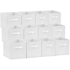 six white storage bins with handles on each side