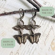 These Cute Butterfly Earrings capture cottage core charm with whimsical brass bug designs, ideal for a woodland party. With style suited to the Victorian naturalist, they make a delightful gift idea for your partner or sister. 𝗗𝗘𝗧𝗔𝗜𝗟𝗦 🦋 Drop length of earrings is 1 and 3/8 inches from base of ear wires 🦋 Ear wires are made in the USA of lead/nickel-free antiqued brass 🦋 Antiqued brass butterfly charms are made in the USA 🦋 Antiqued brass throughout for a vintage, Victorian look 🦋 Lim Bohemian Nickel-free Jewelry For Mother's Day, Nature-inspired Jewelry Ear Wire For Gift, Whimsical Brass Dangle Jewelry, Adjustable Butterfly Jewelry Nickel Free, Adjustable Butterfly-shaped Nickel-free Jewelry, Adjustable Nickel-free Butterfly Jewelry, Nature-inspired Adjustable Jewelry With Matching Earrings, Nature-inspired Copper Earrings As Gift, Nickel-free Adjustable Butterfly Earrings