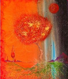 an abstract painting of a tree and planets