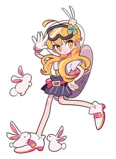 a cartoon girl with bunny ears running through the air