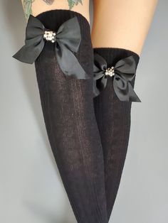 "Women's long socks   with black color beaded bow cute  and warm Made from soft  knitted fabric 100 % acrylic  yarn  Great Holiday gift  Please feel free to ask me any questions or special requests  How to buy? http://www.etsy.com/help_guide_checkout.php  Special request or you have a question for me? Click the small blue \"Contact\" link under my name on the right.  My shop https://www.etsy.com/your/listings?ref=si_your_shop P O L I C I E S  aCutee's Shop Policies https://www.etsy.com/shop/aCut Black Winter Party Socks, Black Party Socks For Winter, Elegant Knee-high Winter Stockings, Fitted Black Socks For Gift, Gift Black Fitted Socks, Elegant Black Knee-high Socks, Black Thigh High Socks For Party, Elegant Black Party Stockings, Elegant Fitted Knee-high Socks For Party