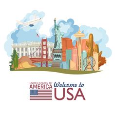 the united states welcome to usa with famous landmarks and symbols in flat style on a white background