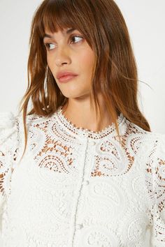 Style: BlouseLength: RegularNeckline: High NeckSleeve Length: Long Sleeve Blouson Sleeve, Oasis Fashion, Lace Tops, Oasis, Sleeve Blouse, High Neck, Buy Online, Shop Now, Lace