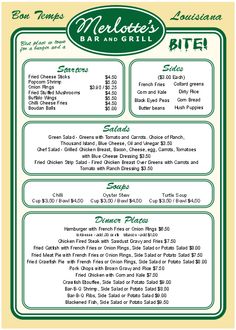 the menu for mellie's bar and grill