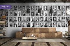 a living room filled with furniture and lots of pictures on the wall above it's clock