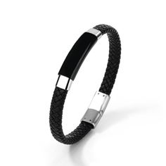 Crafted from high-quality genuine leather and black-plated stainless steel, the Midnight Edge Bracelet combines modern design with exceptional durability. Featuring a sleek black-plated stainless steel centerpiece and a braided black leather band, this bracelet offers a contemporary and sophisticated look. Measuring approximately 8.5mm in width and 8.0 inches in length, it ensures a comfortable and secure fit. Ideal for both everyday wear and special occasions, the Midnight Edge Bracelet adds a Black Leather Wristband With Bracelet Strap, Black Leather Bracelet Strap Jewelry, Black Leather Bracelet Jewelry, Black Stainless Steel Wristband, Modern Leather Bracelet For Business, Modern Business Jewelry With Leather Strap, Black Leather Bracelet With Stainless Steel Clasp As Gift, Gift Black Leather Bracelet With Stainless Steel Clasp, Modern Leather Wristband With Black Band