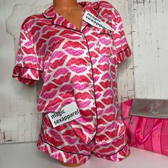 New With Tags Victoria’s Secret 2 Piece Set Button-Up Top Short-Sleeve Matching Bottoms Shorts Silky Satin Lips Kisses Love Logo Size Extra Small Top Extra Small Bottom Xs Medium Top Medium Bottom M Medium Top Large Bottom M/L Large Top Large Bottom L Extra Large Top Large Bottom Xl/L Extra Large Top Extra Large Bottom Xl Price Firm Victoria's Secret Pink Sleepwear For Pajama Party, Victoria's Secret Summer Pajama Party Sets, Victoria's Secret Casual Bedtime Sets, Pink Victoria's Secret Pajama Shorts For Sleepover, Victoria's Secret White Loungewear Set, Cute Victoria's Secret Sleepwear, Victoria's Secret Pink Pajama Shorts For Bedtime, Victoria's Secret Pink Sets For Sleepover, Satin Pajamas Set