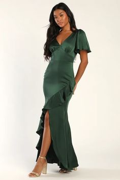 Dresses for Women | Best Women's Dresses Online - Lulus Satin Emerald Bridesmaid Dress, Emerald Green Dresses Formal, Green Satin Dress For Wedding, Off The Shoulder Dress Formal, Formal Dress With Sleeves, Green Wedding Guest Dresses, Formal Wedding Attire, Emerald Green Dresses, Wedding Guest Attire