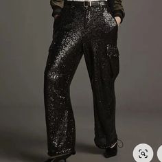 New Anthropologie Sequin Cargo Pants In Size 6. There Is A Drawstring At The Bottom. Cute Cargo Pants, Striped Pants Women, High Waisted Cropped Pants, Cargo Pants Color, Striped Pant, Cropped Flare Pants, Tie Waist Pants, Womens Capri Pants, Wide Leg Palazzo Pants