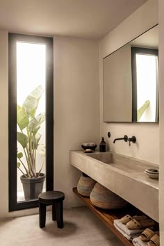 a bathroom with a sink and mirror next to a plant in a pot on the floor