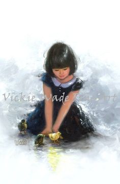 "Sweet little girl and baby chicks! \"Little Chicks\" is a lovely large fine art print of an original oil painting of mine. (The original has sold). * Image size approx. 11\" X 17\" printed on 12\" X 18\" heavyweight smooth cover paper. * Signed and titled on the back. * Vertical format. * This print fits a 12\" X 18\" frame/glass found at stores like Michael's Craft Stores or shop on-line. * \"Little Chicks\" ships in a protective cello sleeve rolled in a sturdy tube for a safe delivery. Thank Chickens Art, Girl Black Hair, Girls Painting, Girls Bedroom Art, Quirky Girl, Girls Room Wall Art, Sisters Art, Hair Gray, Baby Chickens