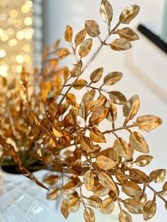 a vase filled with golden leaves on top of a table