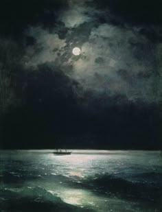 a painting of a boat in the ocean under a full moon lit sky with clouds