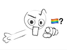 a drawing of a person pointing at a rainbow flag with the caption what do you mean?