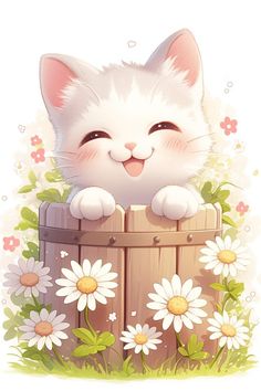 a white cat sticking its head out of a wooden fence with daisies around it